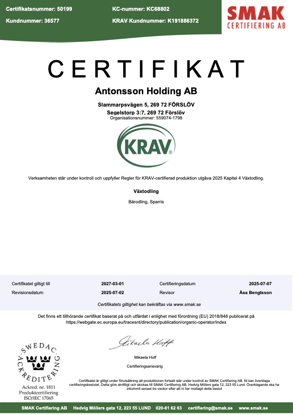 Bevis på KRAV-certifikat (SMAK), Vita Vråkens Havtornsgårdar, Bjärehalvön, Skåne.